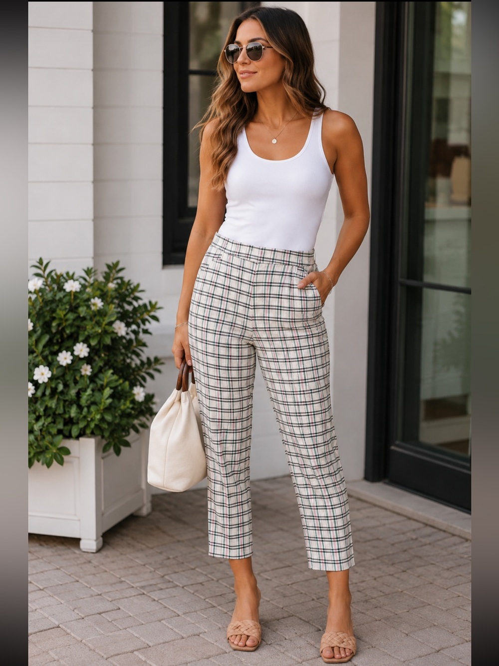 Zac & Rachel Beige Plaid Pull On Cropped Straight Leg Pants 18W NWT